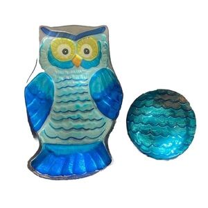 Owl Glass Art Chip & dip Set 12” platter plate 5” round 2 piece iridescent part